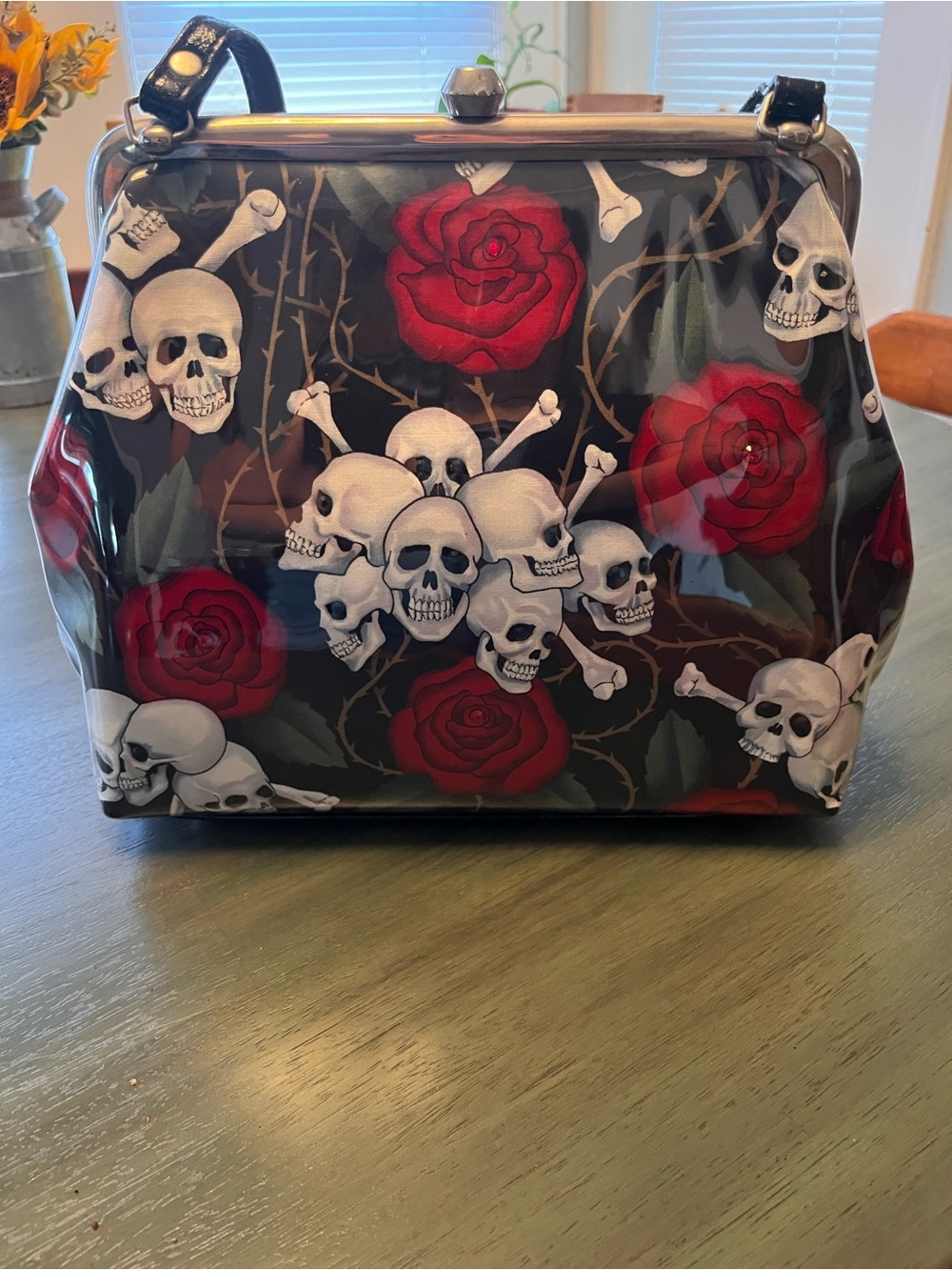 Skull & Rose Vinyl Shoulder Bag - Black and Red